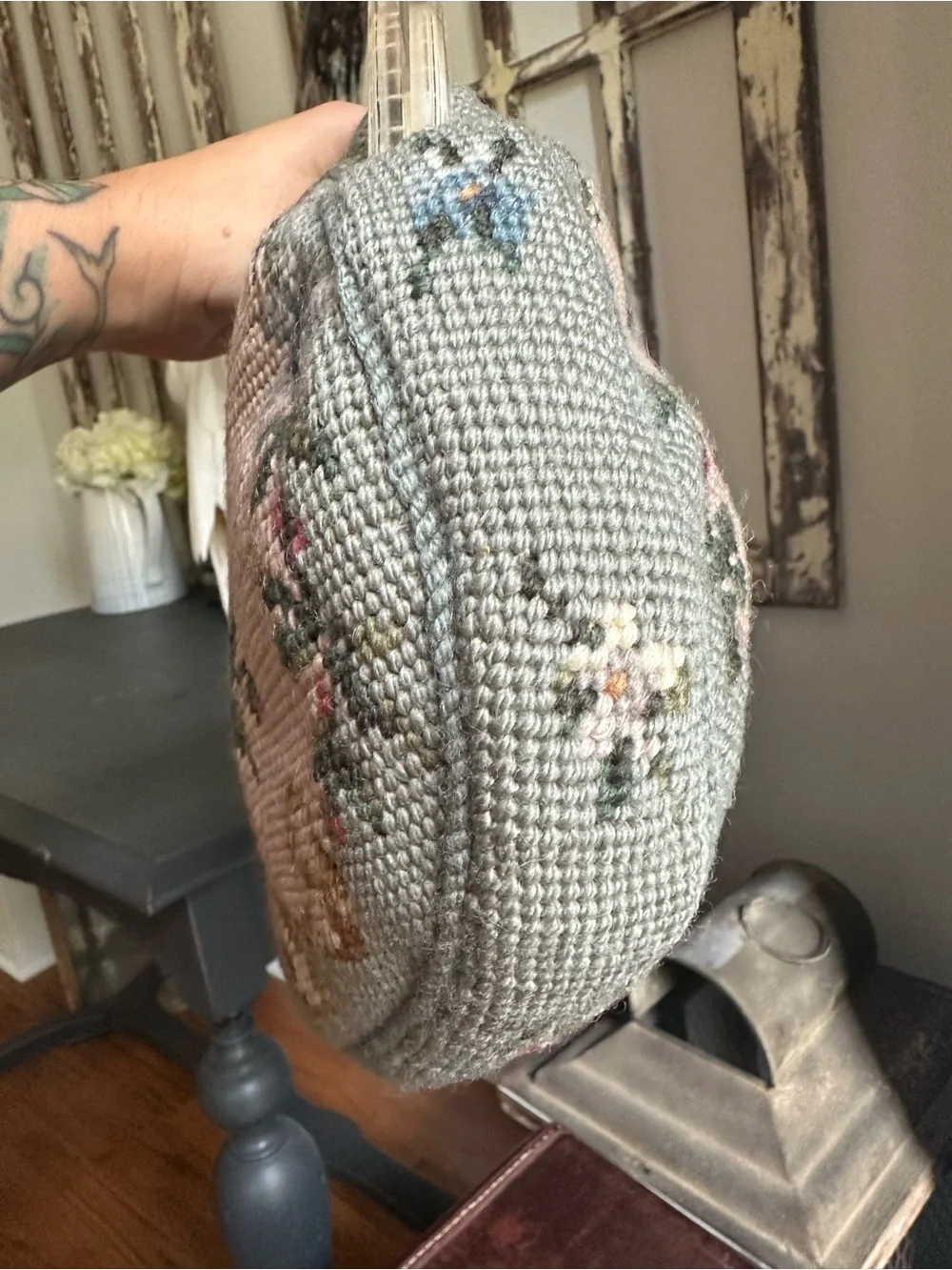 Vintage Floral Needlepoint Clear-Handle Women’s Bag